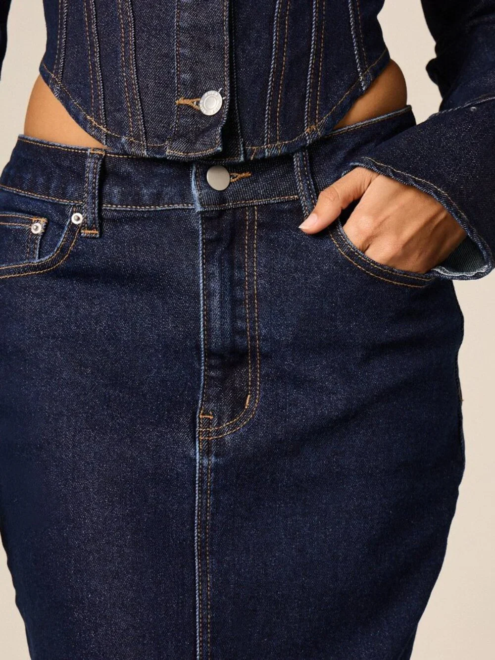 Blue Casual Women's High Waisted Denim Pencil Skirt With Front Split